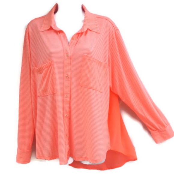 Anthropologie Tops - Willow Clay Striped Shirt Neon Orange Sheer Contrasting Back USA M